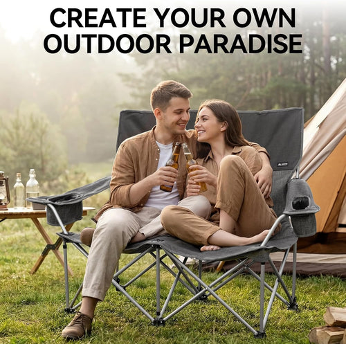 Low Camping Chair Lightweight Double Camping Chair Heavy Duty 2 Person Camping Chair with Cup Holders Padded High Back Camping Loveseat Supports 500 Lbs-Grey