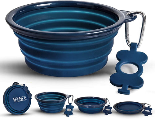 | Collapsible Silicone Dog Bowl | Travel Food and Water Station for Large Dogs | Lightweight, Sturdy, Leak Proof, Food Safe | Extra Large, Blue