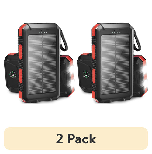 (2 Pack) 20000Mah Solar Power Bank Compatible for Cell Phone Iphone, Outdoor Portable Charger with Dual 5V USB Ports, 2 Flashlights & Digital Compass(Red) | PrepWiseGear