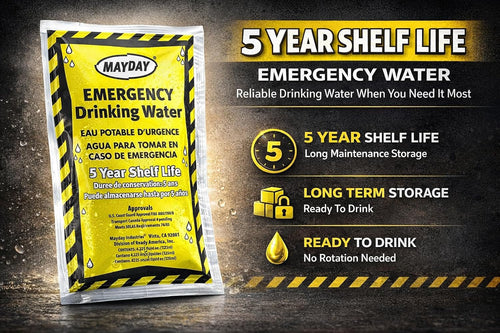 Mayday Pouch Water, Coast Guard Emergency Water, 5-Year Shelf Life, Disaster Preparedness Supplies For, Earthquake, Fire, Flood, Leak-Proof Pouches, 4.225 Oz/125Ml 50 Pack | PrepWiseGear