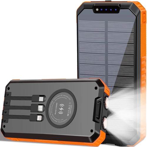 49800Mah Solar Power Bank Portable Solar Charger Built in 3 Cables and 5W Wireless Charger Power Bank,Built-In Super Bright Flashlight,Battery Pack Suitable for Outdoor Camping Hiking(Orange) | PrepWiseGear