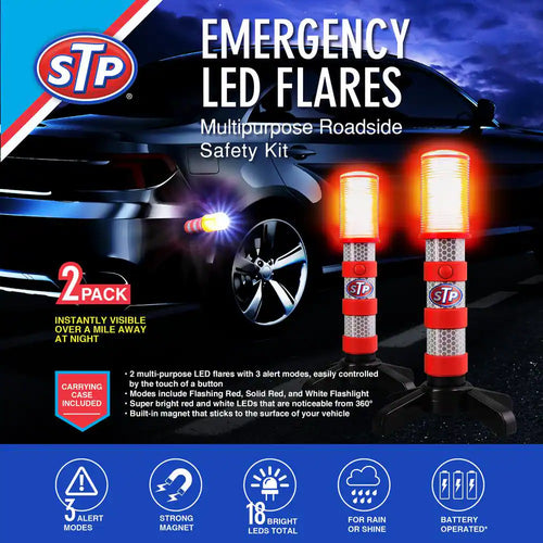 Emergency LED Road Flares, 3 Separate Lighting Modes, Battery-Powered (2-Pack)