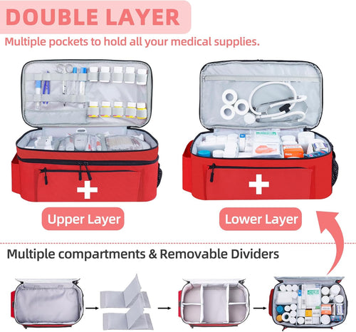 First Aid Bag Empty Large 2 Layer Medical Bag with Shoulder Strap 16”X 9½” X 7” Medicine Organizer Box Travel First Aid Kit Emergency Supplies Storage Bag for Car, Home, Office, Outdoor (Red) | PrepWiseGear