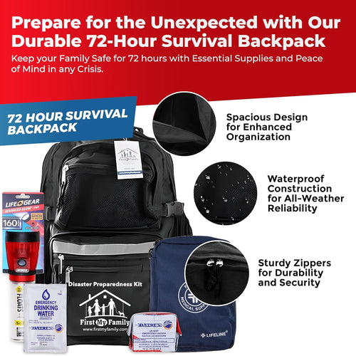 First My Family All-In-One 4 Person, 72 Hour Emergency Survival Kit for Fires, Earthquakes, Hurricanes, Floods, Tsunami and Other Disasters - Premium Black Backpack | PrepWiseGear