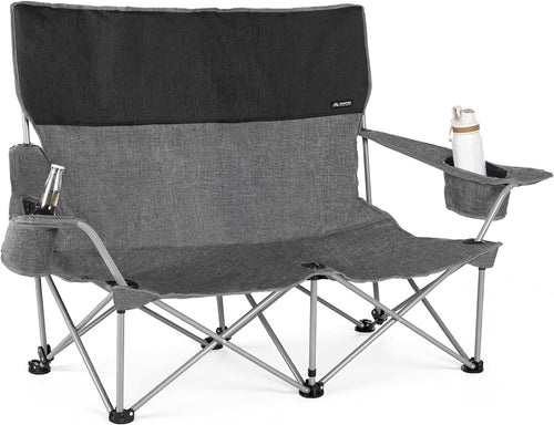 Low Camping Chair Lightweight Double Camping Chair Heavy Duty 2 Person Camping Chair with Cup Holders Padded High Back Camping Loveseat Supports 500 Lbs-Grey