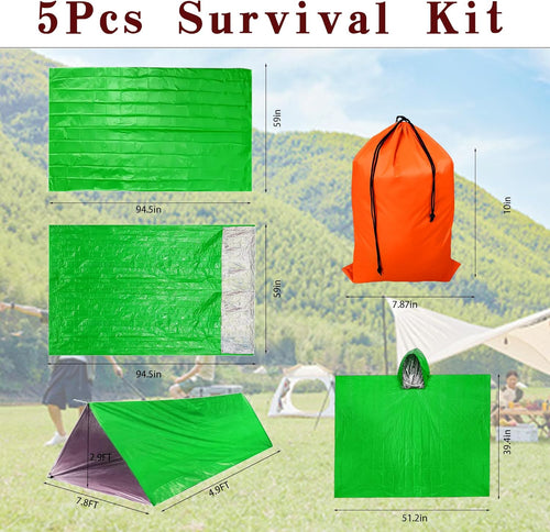 5Pcs Survival Kit Portable Survival Tents and Shelters Camping Emergency Blankets 2 Person Sleeping Bags Rain Ponchos for Adults Bulk for Outdoor Hiking,First Aid | PrepWiseGear
