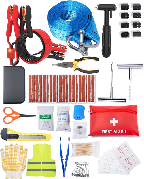 Jumper Cables for Car,110-Piece Ultimate Auto Emergency Kit,Includes Roadside Assistance,Car Safety Hammer, Tow Straps,Tire Repair,First Aid | Perfect Winter & Cold Weather Gear for Men/Women