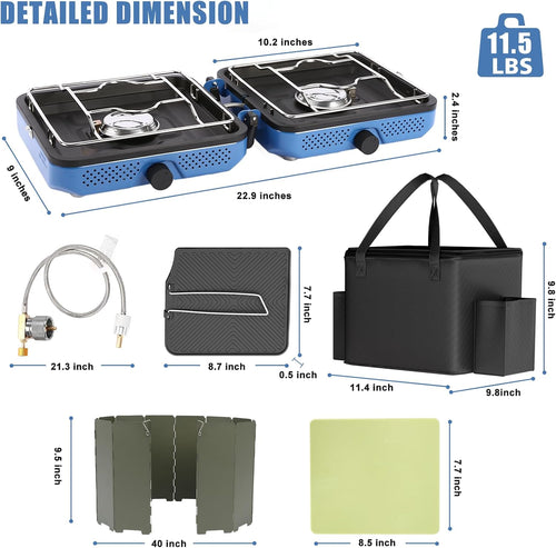 Camping Stove,2 Burner Propane Camping Stove with Windscreen,30,000 BTU Portable Propane Stove with Carry Bag,Outdoor Cooking Stove Set for Camping Gear,Rv Essentials,Camp Gifts for Man,Blue