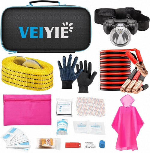 Car Roadside Emergency Kit with Jumper Cables, Car First Aid Kit Emergency Kit for Vehicles, Car Safety Roadside Assistance Kit Headlamp, Tow Straps, Gloves, Essential Car Accessories for Men, Women | PrepWiseGear