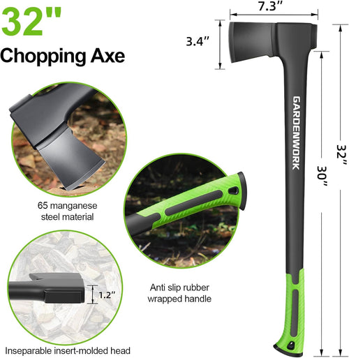 Wood Splitting Axe,32"Chopping Axe for Heavy Duty Woood Cutting,Axe for Chopping Wood, Shock Absorber Handle and anti Slip Grip,Forged Steel Blade with Protective Cover and Non Slip Gloves