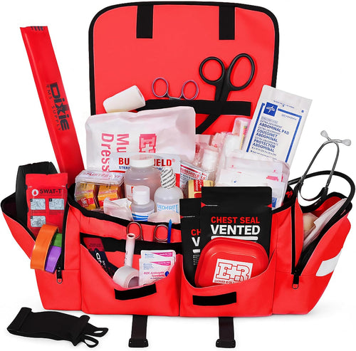 Fully Stocked EMT Trauma Bag – Tactical First Responder Medical Kit with Tourniquet, Vented Chest Seals, Hemostatic Gauze, Shears, Bandages & Bleeding Control Supplies – Red | PrepWiseGear