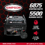 Simpson 6875 Watt Portable Generator, Quiet Gas Generator with Handle and Wheels, 2 120V Duplex Outlets, 120V/240V 4-Prong Outlet, 120V 3-Prong Outlet, 5500 Running Watts, CO Sensor (SF5568)