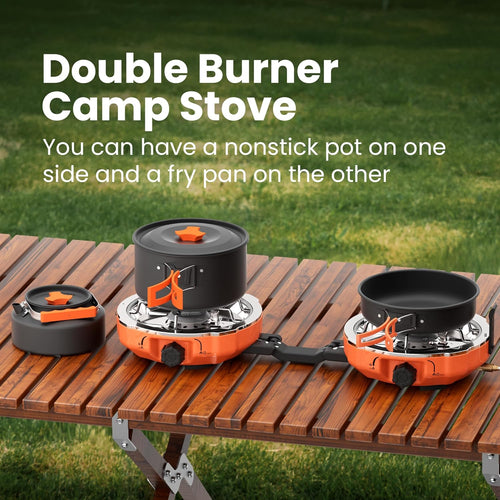 Propane 2 Burner Camping Stove Kit with Camping Cookware, Outdoor Folding Propane Gas Stove, Camp Portable Stove and Camping Cooking Set, with 20,000 Total Btus for BBQ, Tailgating, Camping