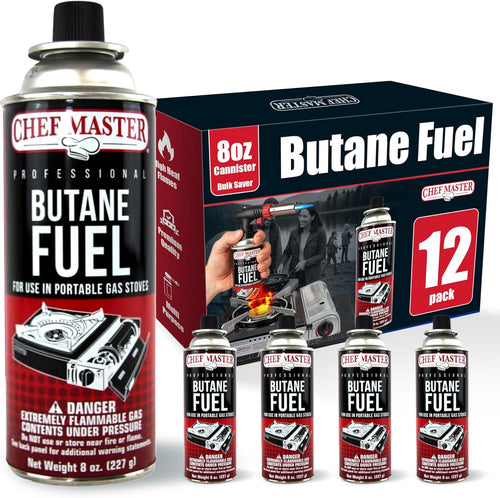 12X 8Oz Butane Fuel Canister - Butane Canister for Kitchen Torch & Camp Stove - Gas for Picnics, Outdoor Cooking, Grilling - Camping Fuel Canister, Torch Fuel Camping Essentials - 90340