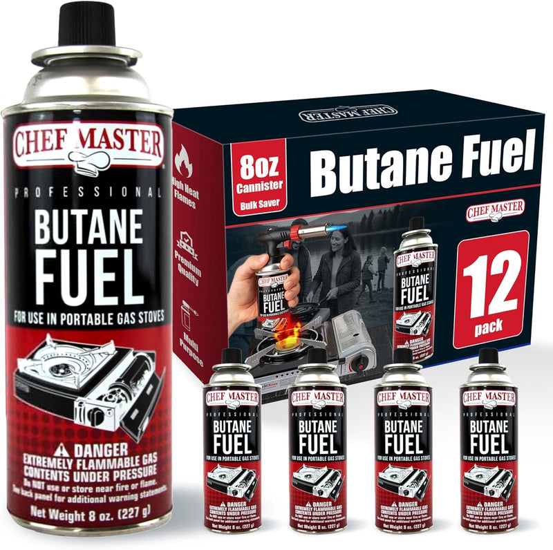 12X 8Oz Butane Fuel Canister - Butane Canister for Kitchen Torch & Camp Stove - Gas for Picnics, Outdoor Cooking, Grilling - Camping Fuel Canister, Torch Fuel Camping Essentials - 90340