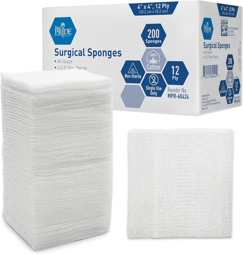 MED PRIDE 4X4 Gauze Pads 12-Ply 200 Count Non-Sterile Surgical Sponges Extra Absorbent Cotton Wound Dressing Medical Supplies for Cleaning and Care
