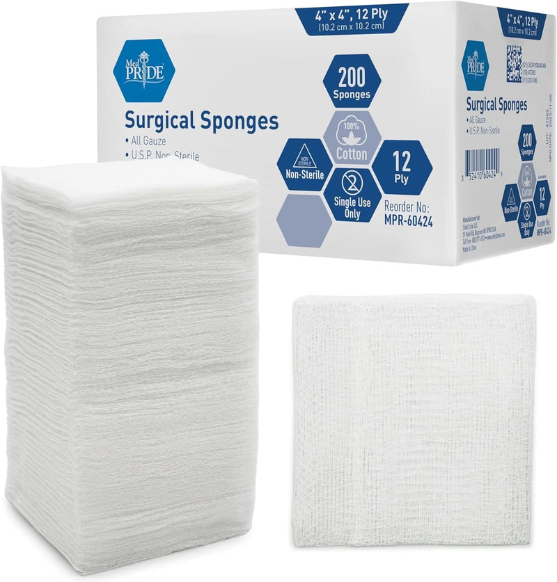 MED PRIDE 4X4 Gauze Pads 12-Ply 200 Count Non-Sterile Surgical Sponges Extra Absorbent Cotton Wound Dressing Medical Supplies for Cleaning and Care