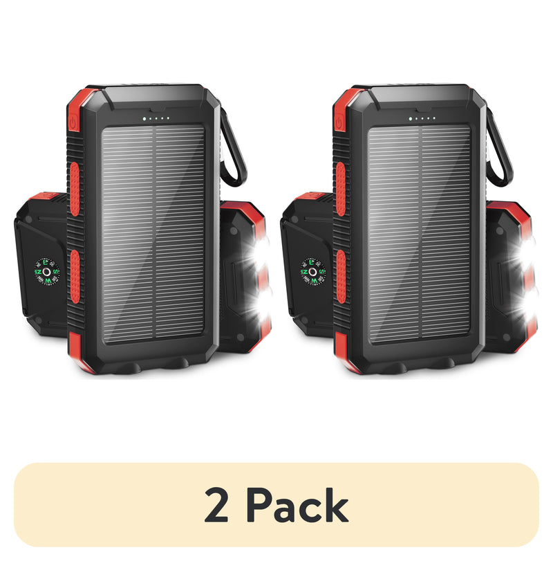 (2 Pack)  20000Mah Solar Power Bank Compatible for Cell Phone Iphone, Outdoor Portable Charger with Dual 5V USB Ports, 2 Flashlights & Digital Compass(Red) | PrepWiseGear