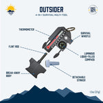Outsider - 4-In-1 Survival Multi-Tool | Compass, Thermometer, Whistle, and Fire Starter in a Compact Zipper Pull | Outdoor Gadget for Backpacking, Camping, or Survival Situations | PrepWiseGear