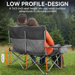 Low Camping Chair Lightweight Double Camping Chair Heavy Duty 2 Person Camping Chair with Cup Holders Padded High Back Camping Loveseat Supports 500 Lbs-Grey