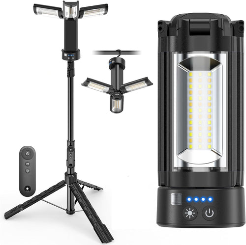 Camping Lights with Remote, 18000Mah Rechargeable Camping Lantern & LED Work Light, Detachable Tripod Stand up to 6.7 Ft, 3 Lamp Heads for Camping Essentials & Emergency, Black
