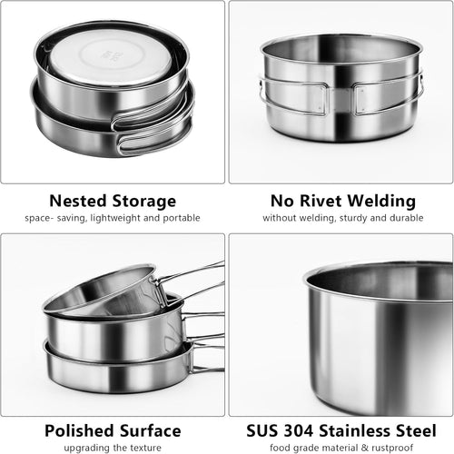 18/8 Stainless Steel Camping Cook Pot Set of 4 Pcs, Camping Messware Kit, Camping Cooking Set, Backpacking Camping Cookware, Picnic Camping Cooking Mess Kit