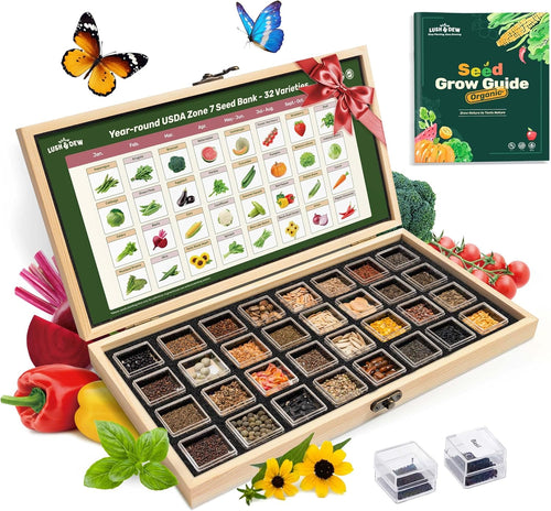 Lush&Dew Year-Round USDA Zone 7 Seed Bank, Gift for Mom Dad, 32 Varieties Non-Gmo Heirloom Seeds of Vegetables Flowers, Gardening Gifts for Women Men, Survival Kit for Raised Garden Bed Greenhouse
