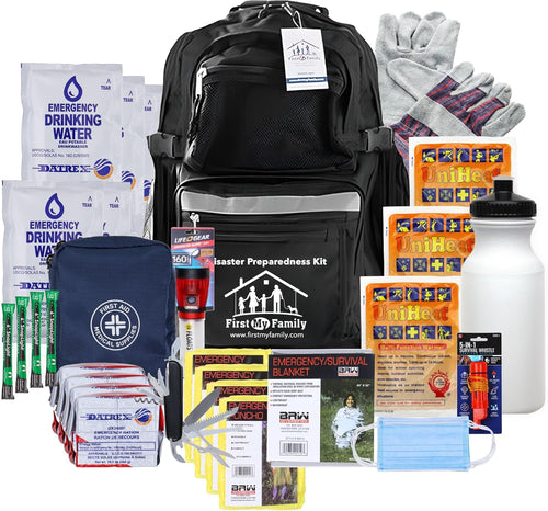 First My Family All-In-One 4 Person, 72 Hour Emergency Survival Kit for Fires, Earthquakes, Hurricanes, Floods, Tsunami and Other Disasters - Premium Black Backpack | PrepWiseGear