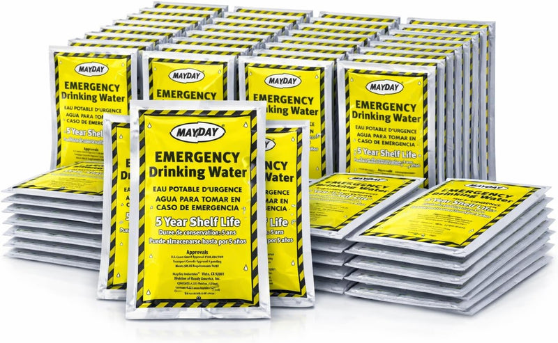 Mayday Pouch Water, Coast Guard Emergency Water, 5-Year Shelf Life, Disaster Preparedness Supplies For, Earthquake, Fire, Flood, Leak-Proof Pouches, 4.225 Oz/125Ml 50 Pack | PrepWiseGear