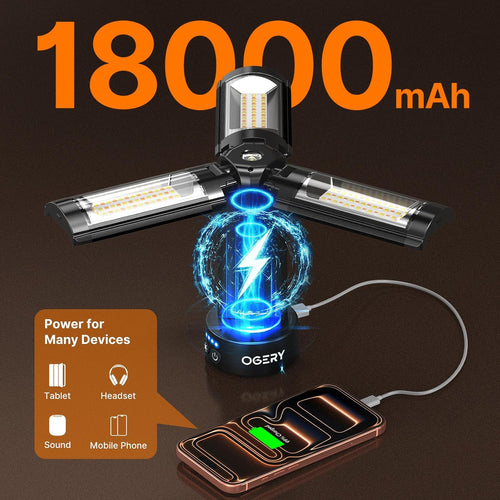 Camping Lights with Remote, 18000Mah Rechargeable Camping Lantern & LED Work Light, Detachable Tripod Stand up to 6.7 Ft, 3 Lamp Heads for Camping Essentials & Emergency, Black