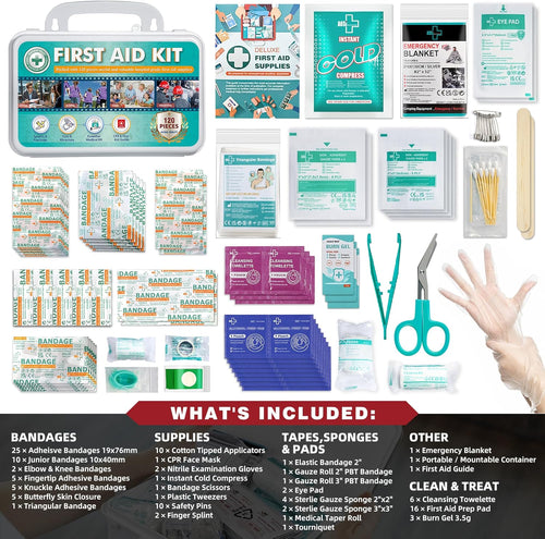 120 Pieces Hardcase First Aid Kit - First Aid Box Includes Instant Cold Pack, Emergency Blanket for Travel, Home, Office, Vehicle, Camping, Workplace & Outdoor | PrepWiseGear