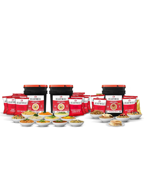 Emergency Food Supply - 360 Servings, 3 Buckets, Freeze Dried & Dehydrated Package of Long Term Meals, Survival Kit for Camping, Prepper Food Storage Supplies, up to 25 Year Shelf Life | PrepWiseGear