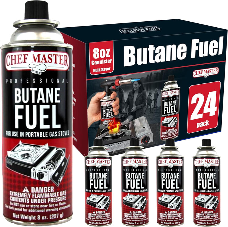 24X 8Oz Butane Fuel Canister - Butane Fuel for Camping Stove & Kitchen Torch - Gas Canister for Picnics, Outdoor Cooking, Grilling - Camping Stove, Torch Fuel Camping Essentials - 90340