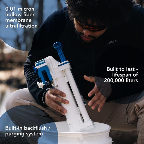 Outdoor Water Filtration System. Bucket Pump Purifier Produces Clean Water for Backpacking, Survival, Hiking - Emergency Filter | PrepWiseGear