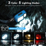 LED Rechargeable Headlamp with LCD Display, Ultra-Light 3 Colors Headlamp with Motion Sensor, White Red Warm Light, 1.7Oz 5 Modes Waterproof Headlights for Outdoor Camping Hiking Emergency