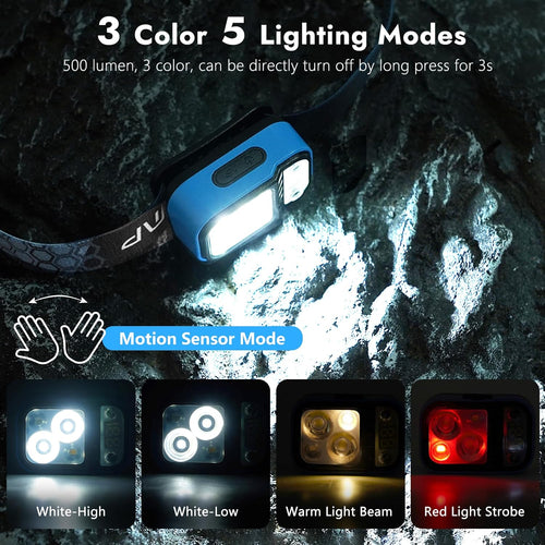 LED Rechargeable Headlamp with LCD Display, Ultra-Light 3 Colors Headlamp with Motion Sensor, White Red Warm Light, 1.7Oz 5 Modes Waterproof Headlights for Outdoor Camping Hiking Emergency