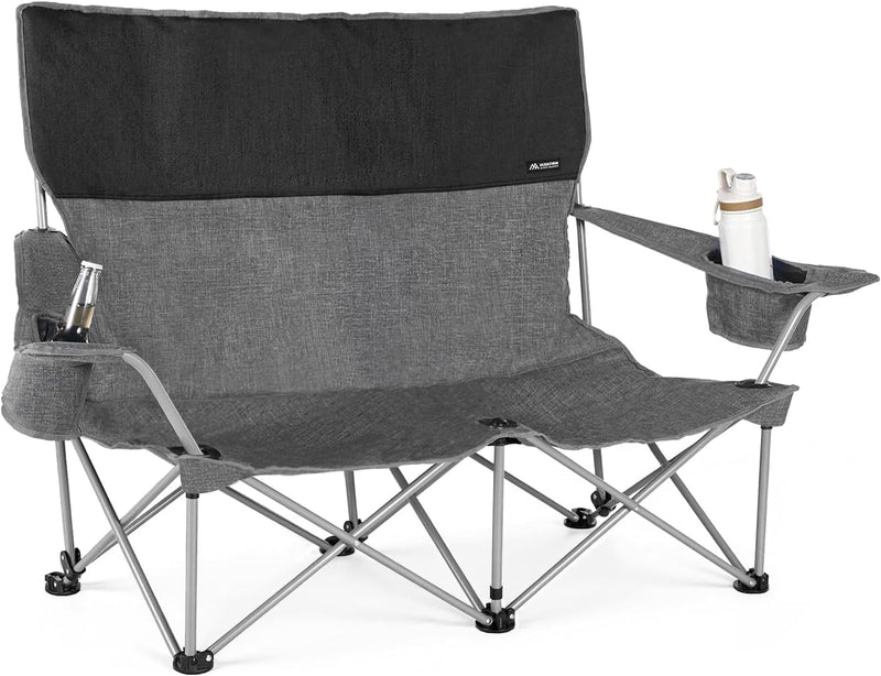 Low Camping Chair Lightweight Double Camping Chair Heavy Duty 2 Person Camping Chair with Cup Holders Padded High Back Camping Loveseat Supports 500 Lbs-Grey