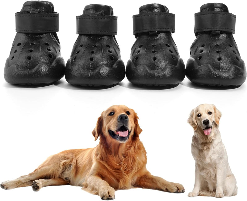 Dog Shoes, Dog Sandals for Hot Pavement, Non-Slip Waterproof Dog Booties for Winter Snowy Day and Summer, Adjustable Straps Easy-Clean Beach Outdoor Pet Boots Rugged Sole-4Pcs Black