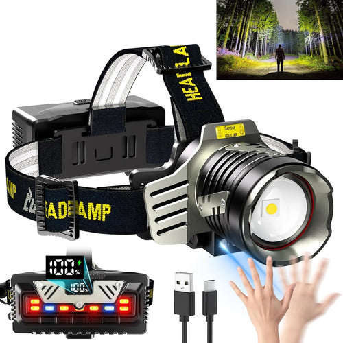 Rechargeable Headlamp, 3500 LM Super Bright Headlamp with Digital Display & 9 Lighting Modes, Includes Red Light for Night Vision, Battery Powered for Camping, Running, Hiking & Outdoor Activities