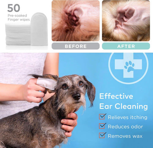 Dog Ear Cleaner Wipes - Vet Formulated Cleanser for Dogs - Ear Itching, Dissolves Wax, Dirt & Odor with Coconut Oil & Aloe Vera (50 Finger Wipes)