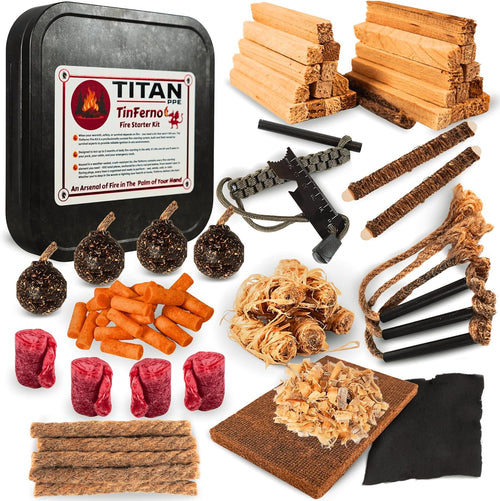Tinferno Fire Starting Kit ? 100Pc Fire Starter for Campfires, Ferro Rod, Magnesium Flint, Char Cloth, Fatwood, Fire Kit, Camping, Bushcraft & Survival - Emergency Fire Starter Kit with Fire Tray