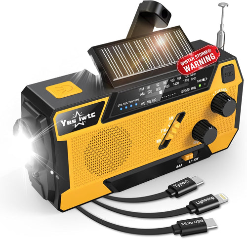 Hand Crank Emergency Radio 7400Mwh (2000Mah) Solar Hand Crank Radio Built in 3 Charging Cables AM/FM/NOAA Weather Radio Battery Operated Hand Crank Charger for Emergency Supplies Survival Gear