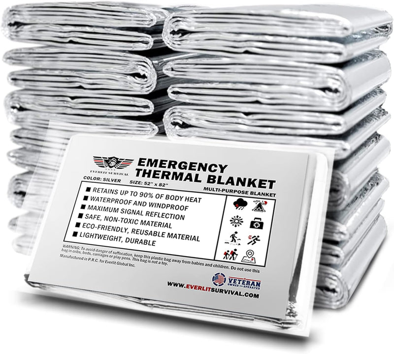 Survival Emergency Mylar Thermal Blankets -Space Blanket Survival Kit Camping Blanket Perfect for First Aid Kit, Outdoors,Hiking,Survival,Bug Out Bag,Marathons (Silver, 12 Pack)