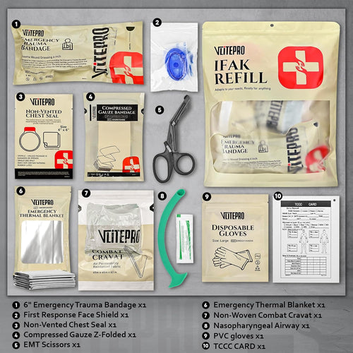 11Pcs IFAK Trauma Kit, First Aid Kit Refill Supplies with Non-Vented Chest Seal, 6" Emergency Trauma Bandage & Compressed Gauze, Tactical Trauma Medical Supplies for Combat Wound Care | PrepWiseGear