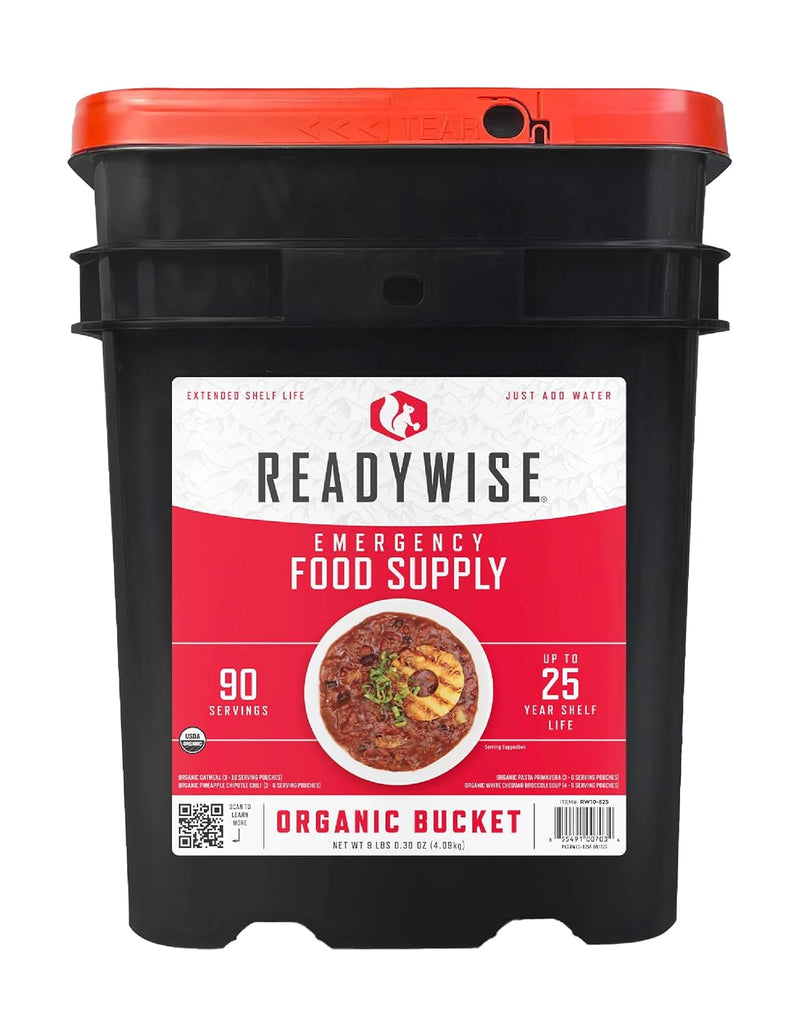 Emergency Food Supply - 90 Servings Organic Bucket, Protein Meals, Dehydrated & Freeze Dried Survival Food for Backpacking, Camping Essentials & Prepping Supplies, up to 25 Year Shelf Life | PrepWiseGear