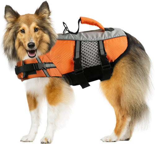 Dog Life Jacket Swimming Vest, Adjustable Dog Flotation Vest High Reflective Pet Life Preserver with Rescue Handle for Small Medium Large Dogs (X-Large, Orange)