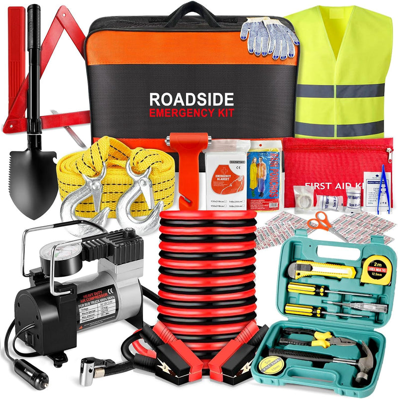 Car Emergency Kit with Air Compressor,Roadside Emergency Car Kit for Vehicles Auto Truck with Jumper Cables,Winter Car Safety Kit with Folding Shovel Car Repair Tool Set First Aid Kit Blanket Tow Rope | PrepWiseGear