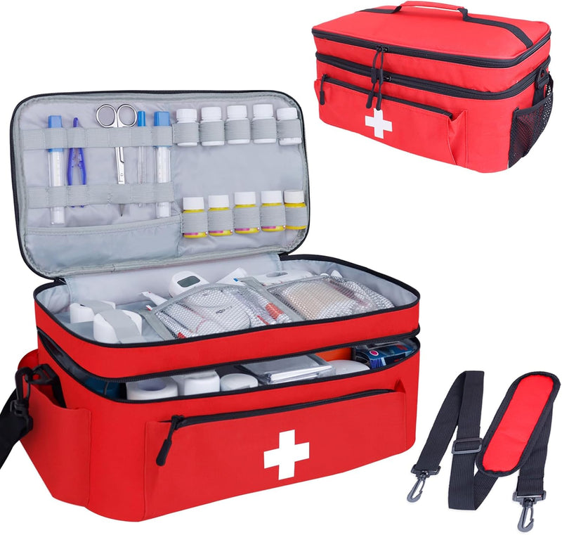 First Aid Bag Empty Large 2 Layer Medical Bag with Shoulder Strap 16”X 9½” X 7” Medicine Organizer Box Travel First Aid Kit Emergency Supplies Storage Bag for Car, Home, Office, Outdoor (Red) | PrepWiseGear