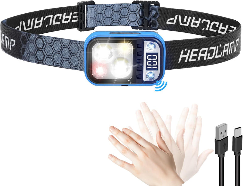 LED Rechargeable Headlamp with LCD Display, Ultra-Light 3 Colors Headlamp with Motion Sensor, White Red Warm Light, 1.7Oz 5 Modes Waterproof Headlights for Outdoor Camping Hiking Emergency