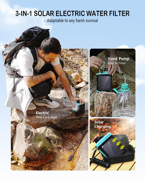 3-In-1 Solar Electric Water Filter with Hand Pump - Camping Water Filtration System Survival, Portable Water Purifier with Emergency Light, Survival Kit for Backpacking, Birthday Gifts for Men | PrepWiseGear